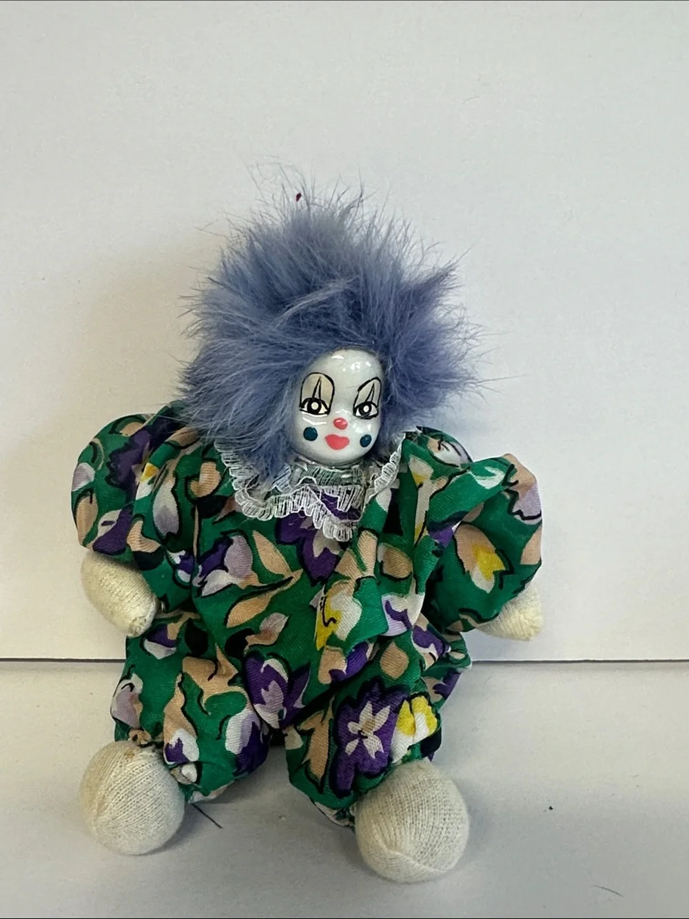 Vintage Floral Green Clown Doll with Purple Hair